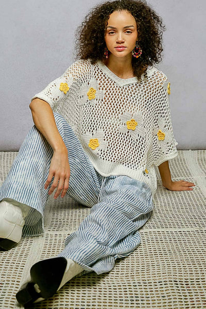 "Bloomin' Filly" Floral Patch Open Sweater Top Ivory Yellow