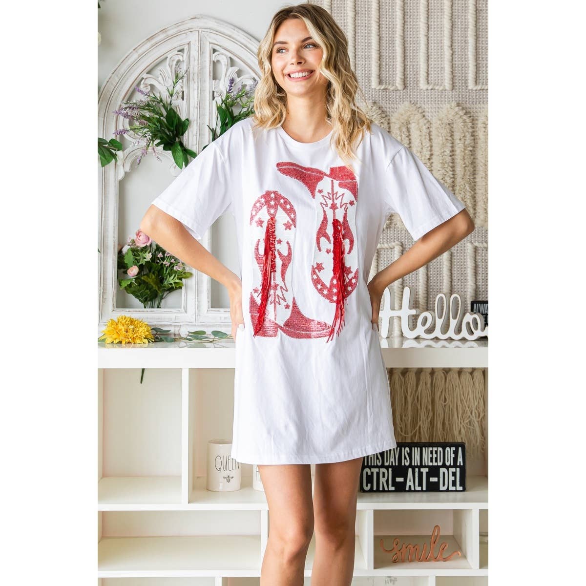 "Cowgirl Fringe" Boots Sequined Patch Tee Dress in White