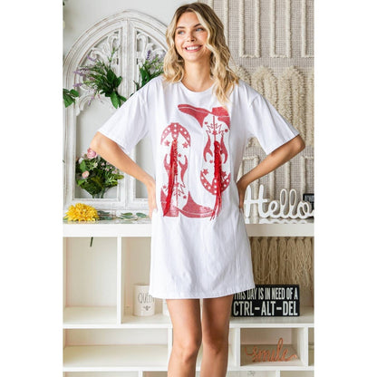 "Cowgirl Fringe" Boots Sequined Patch Tee Dress in White