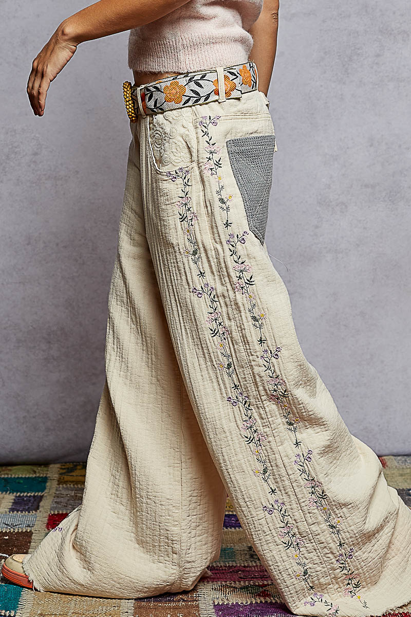 "Driftwood" Sand Beige Lace Detail Double Gauze Pants