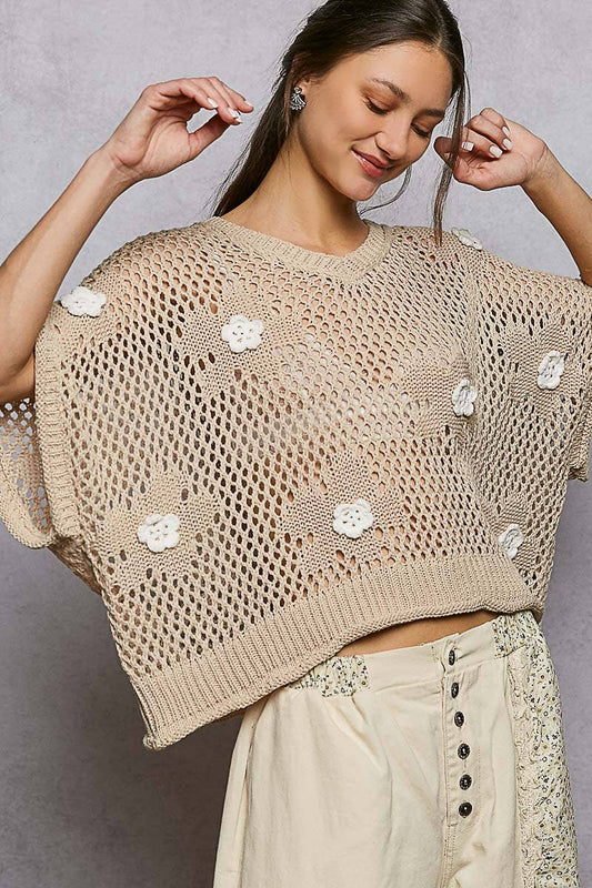 "Bloomin' Filly" Floral Patch Open Sweater Top Sand