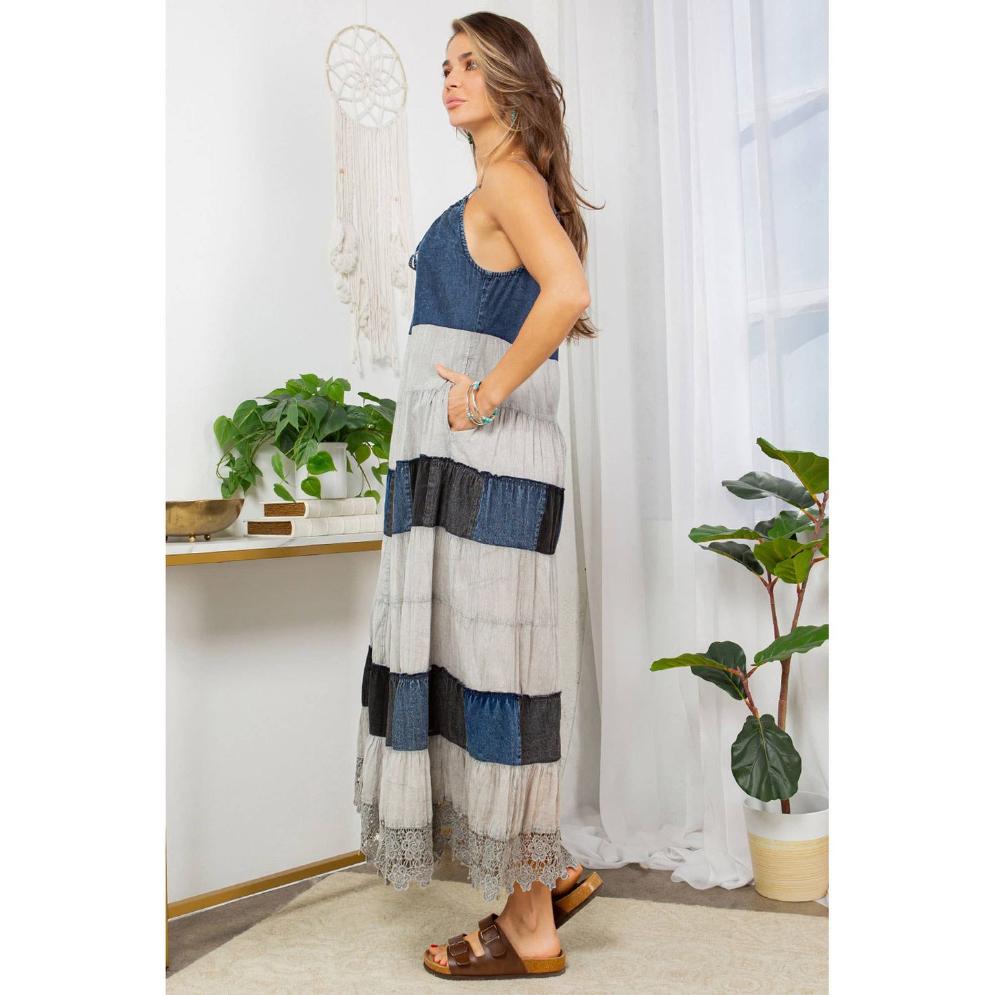 "Prairie" Denim Halter Neck Summer Dress in Grey