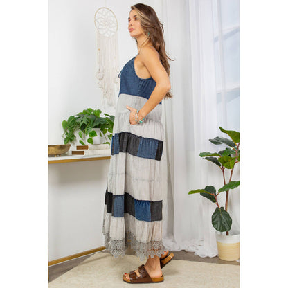 "Prairie" Denim Halter Neck Summer Dress in Grey
