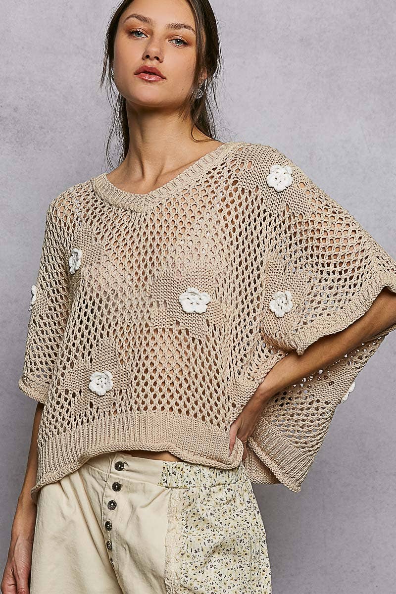 "Bloomin' Filly" Floral Patch Open Sweater Top Sand