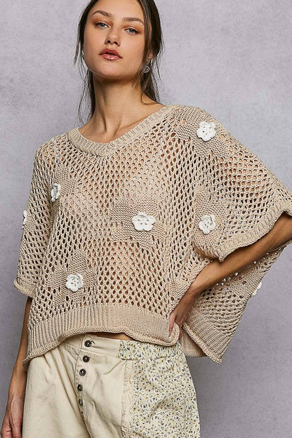 "Bloomin' Filly" Floral Patch Open Sweater Top Sand