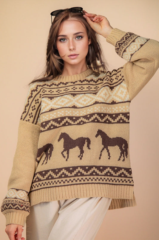 "Giddy Up" Western Horse Knit Sweater Mocha Brown