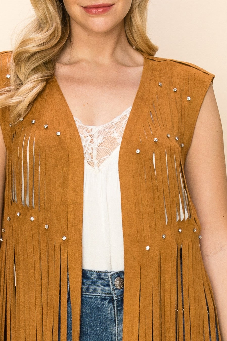 "Dolly" Laser Cut Long Fringe Suede Vest in Camel