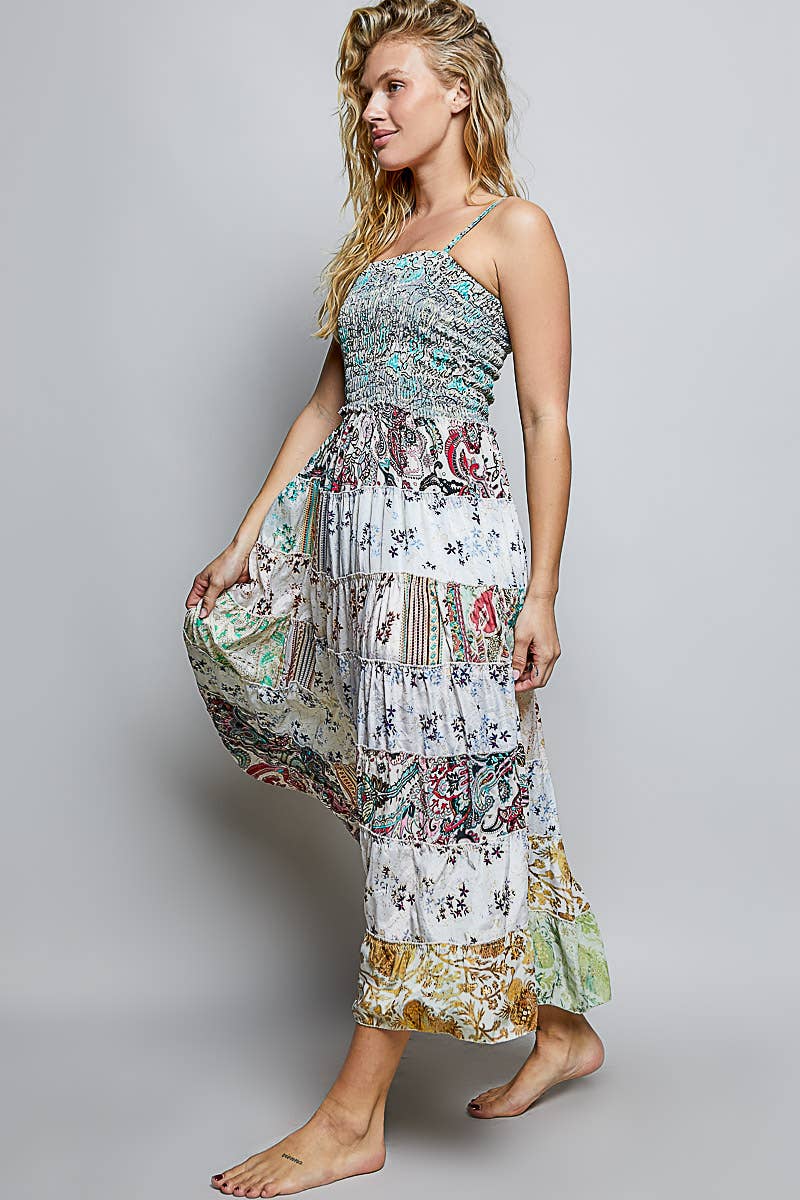 "Boho Patch" Square Neck Smocked Maxi Dress