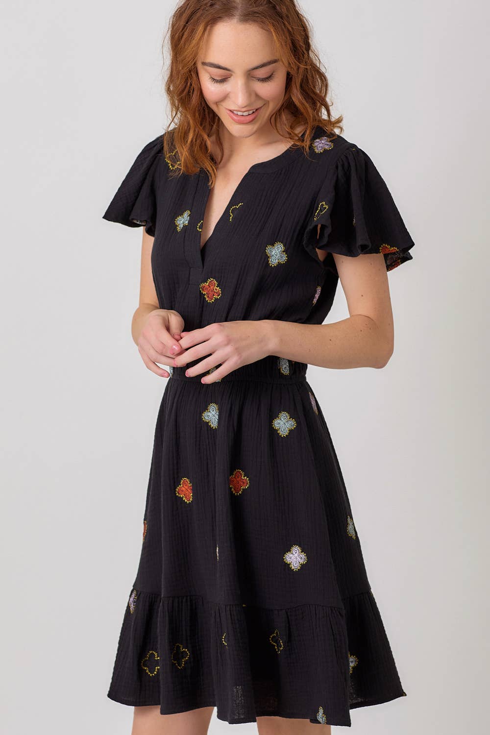 "Dayna" Embroidered Double Gauze Dress in Black