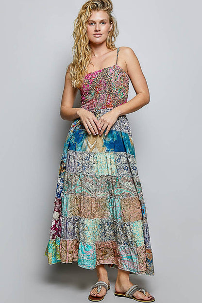 "Boho Patch" Square Neck Smocked Maxi Dress
