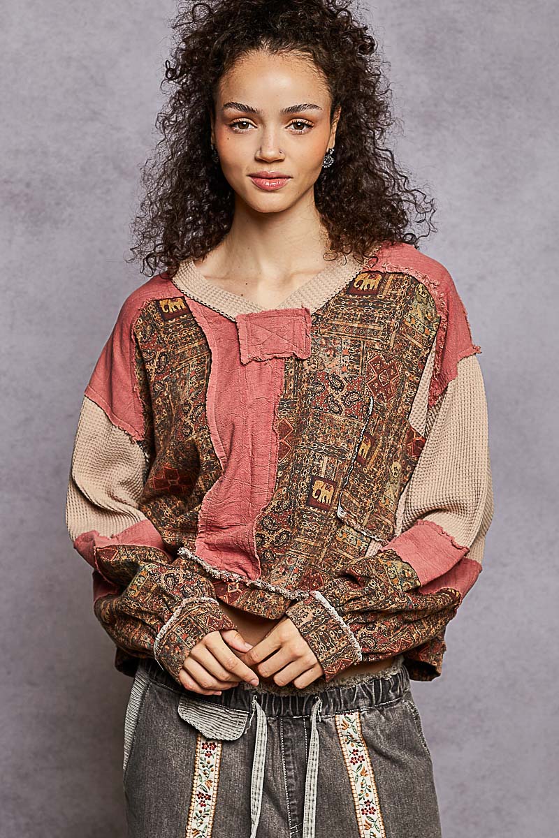 "Pamela" Jacquard Print Shirt in Brick