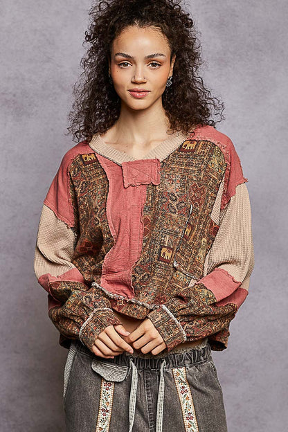 "Pamela" Jacquard Print Shirt in Brick