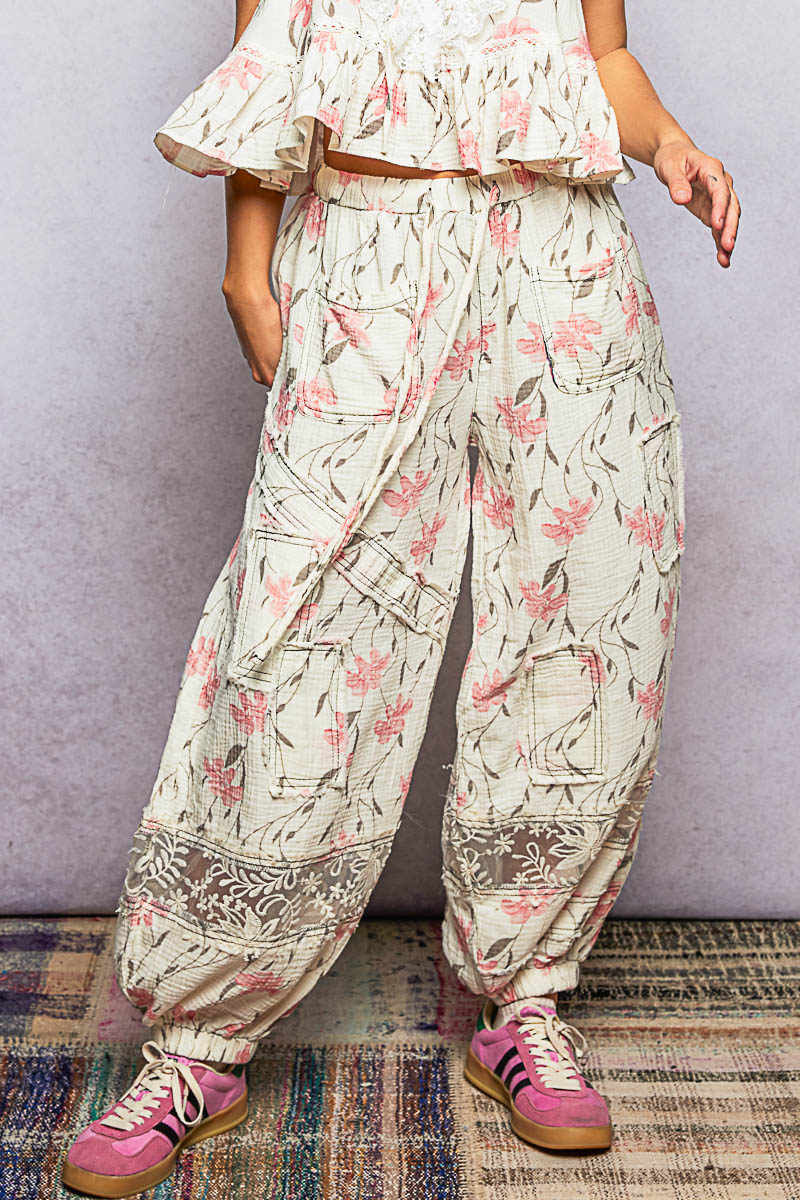 "Belle" Double Gauze Joggers in Ivory Pink Floral