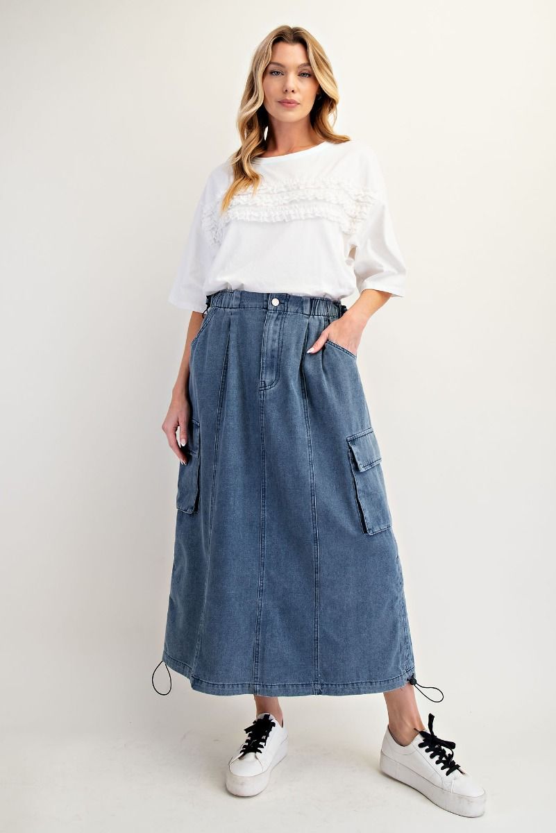 "Reyna" Denim Midi Skirt in Blue