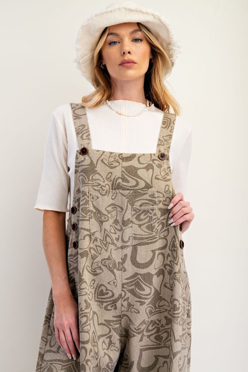 "Lila" Abstract Heart Overalls in Khaki