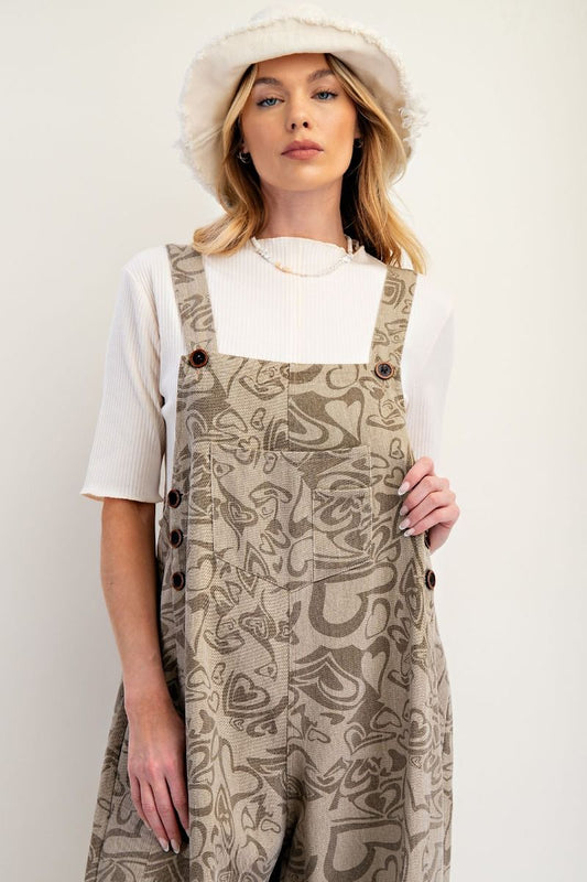 "Lila" Abstract Heart Overalls in Khaki