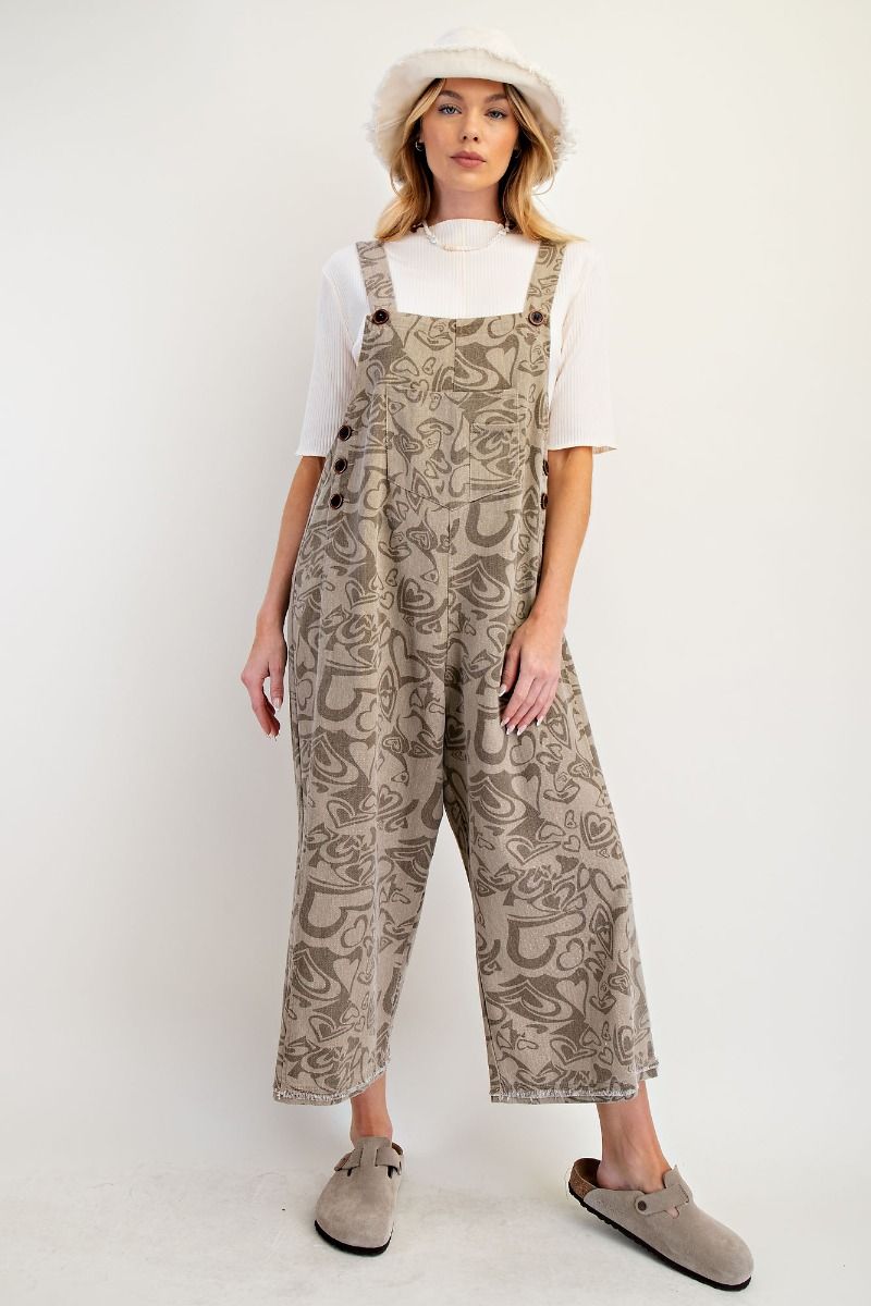 "Lila" Abstract Heart Overalls in Khaki