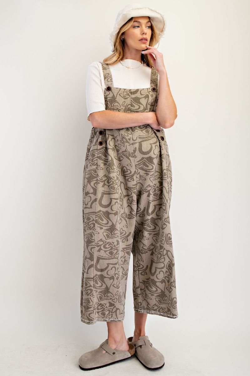 "Lila" Abstract Heart Overalls in Khaki