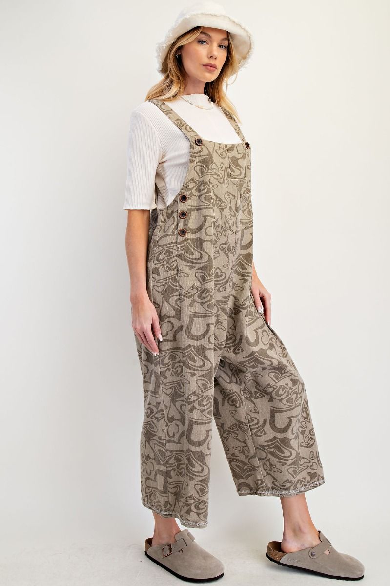 "Lila" Abstract Heart Overalls in Khaki