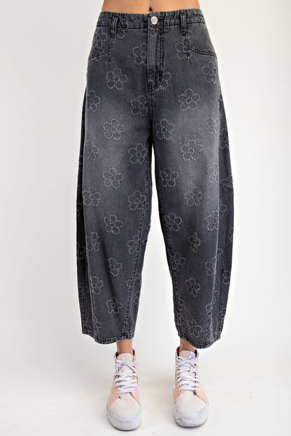 "Flora" Flower Pattern Twill Barrel Pants in Black