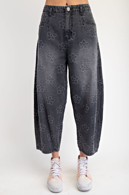 "Flora" Flower Pattern Twill Barrel Pants in Black