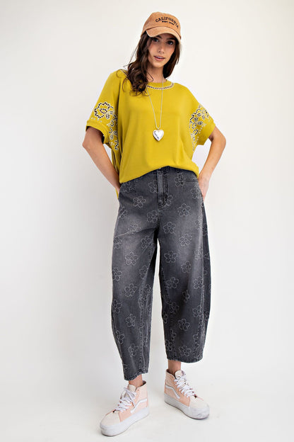 "Flora" Flower Pattern Twill Barrel Pants in Black