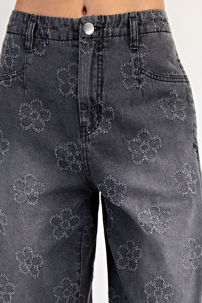 "Flora" Flower Pattern Twill Barrel Pants in Black