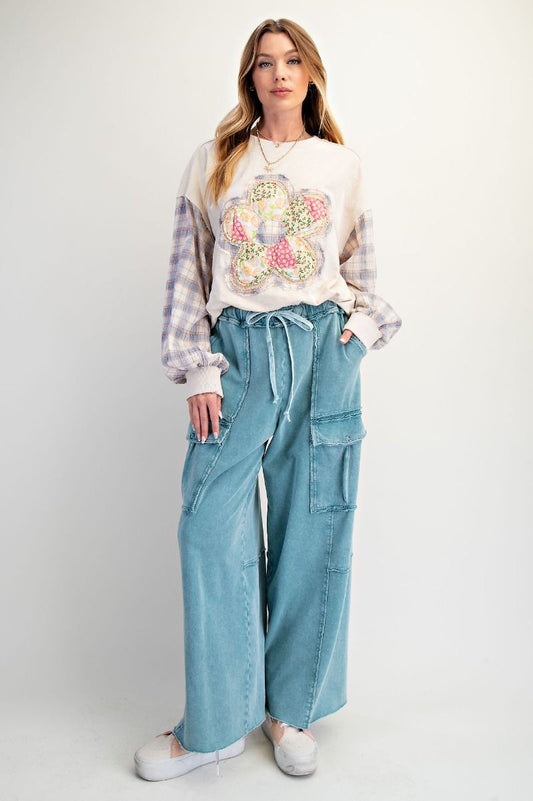 "Durango" French Terry Cargo Wide Leg Pants in Teal Blue