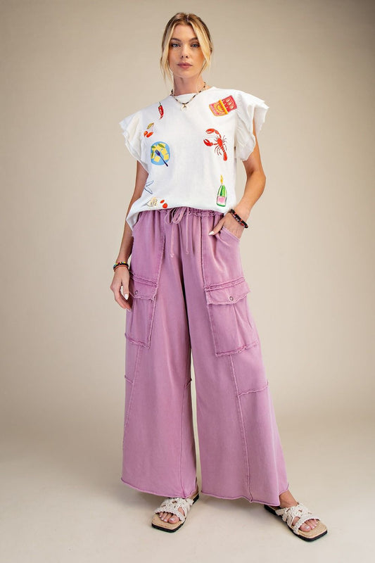 "Durango" French Terry Cargo Wide Leg Pants in Mauve