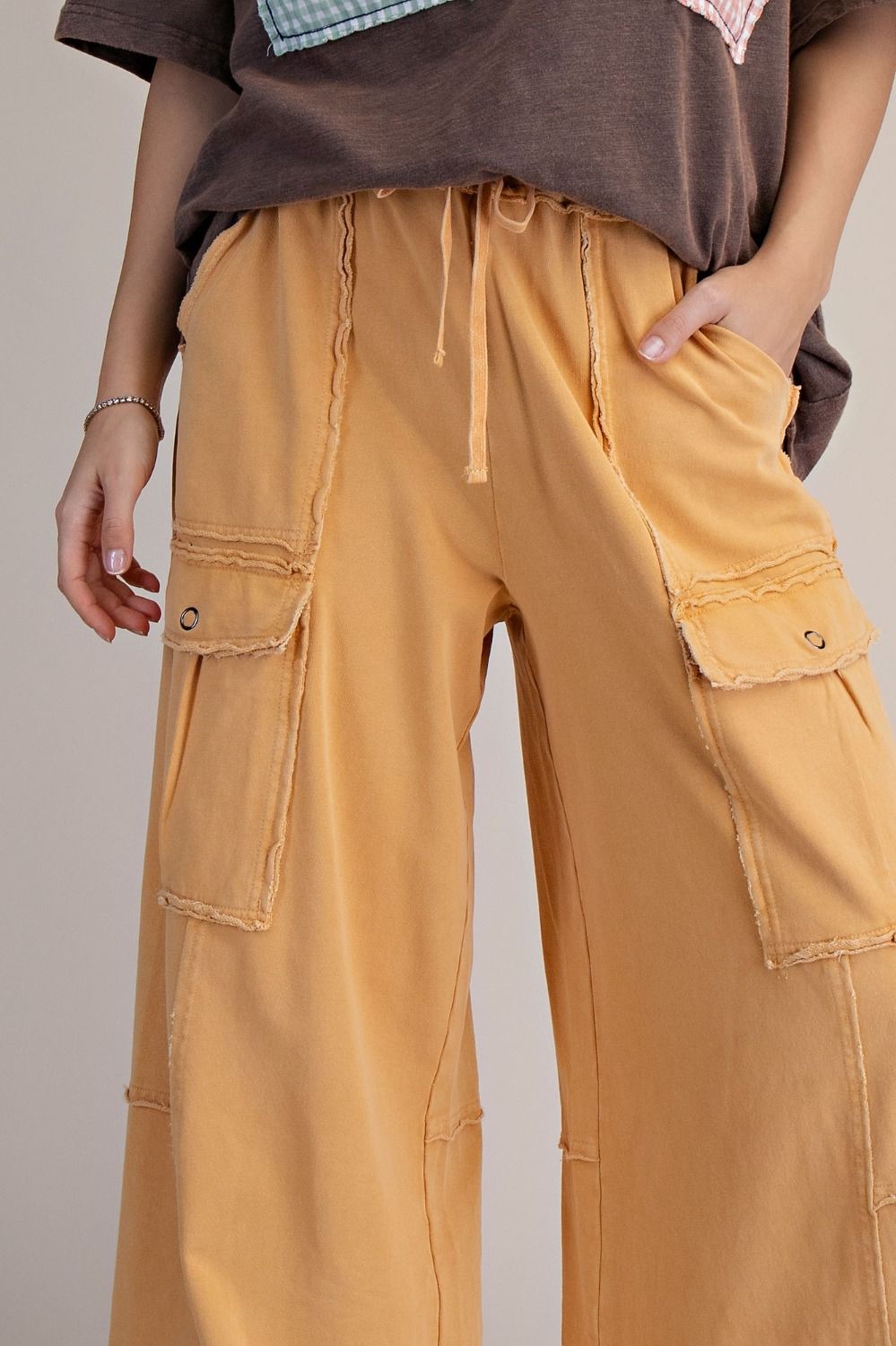 "Durango" French Terry Cargo Wide Leg Pants in Mustard