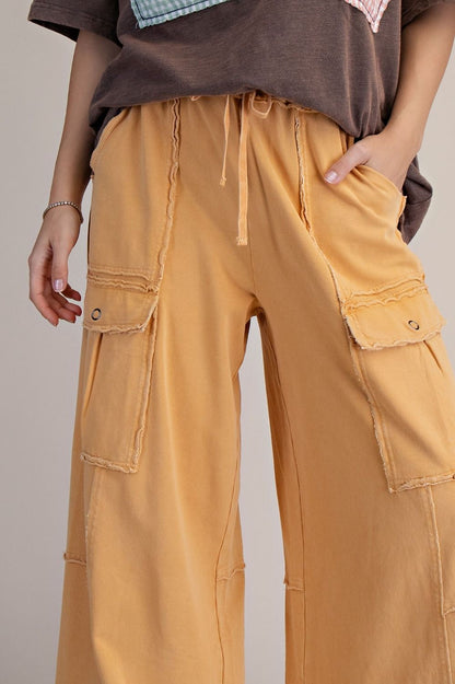 "Durango" French Terry Cargo Wide Leg Pants in Mustard