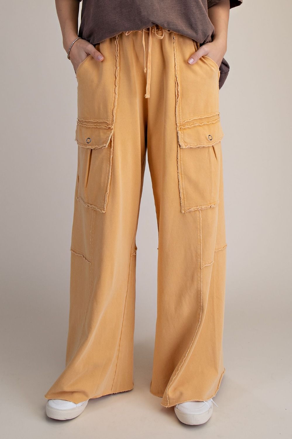 "Durango" French Terry Cargo Wide Leg Pants in Mustard