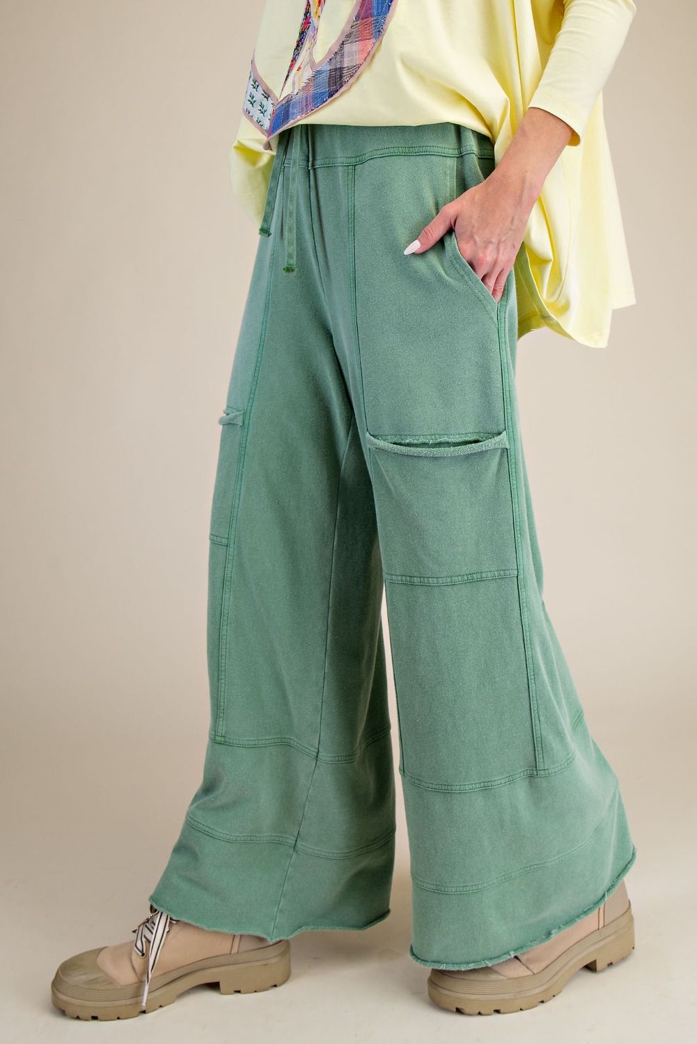 "Elora" French Terry Cargo Wide Leg Pants in Juniper Green