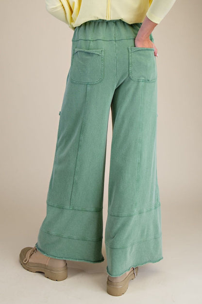 "Elora" French Terry Cargo Wide Leg Pants in Juniper Green