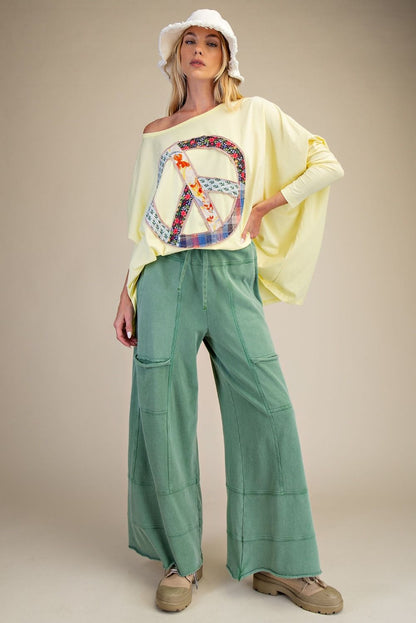 "Elora" French Terry Cargo Wide Leg Pants in Juniper Green