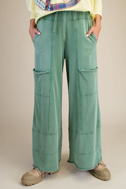 "Elora" French Terry Cargo Wide Leg Pants in Juniper Green