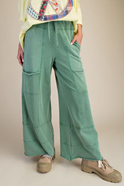 "Elora" French Terry Cargo Wide Leg Pants in Juniper Green