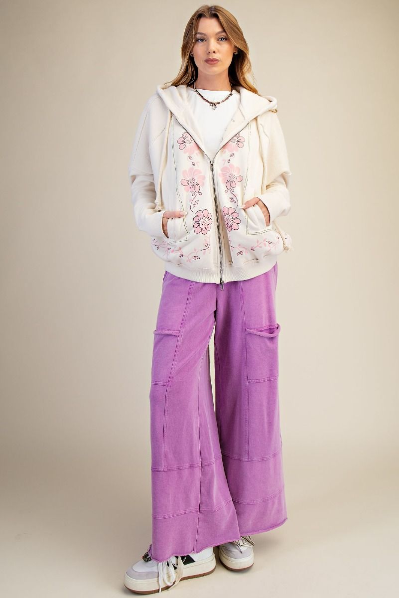 "Elora" French Terry Cargo Wide Leg Pants in Orchid