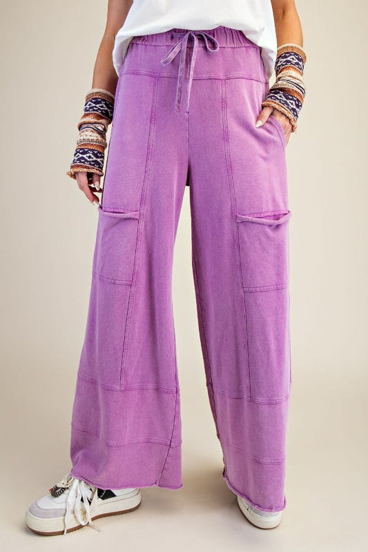 "Elora" French Terry Cargo Wide Leg Pants in Orchid