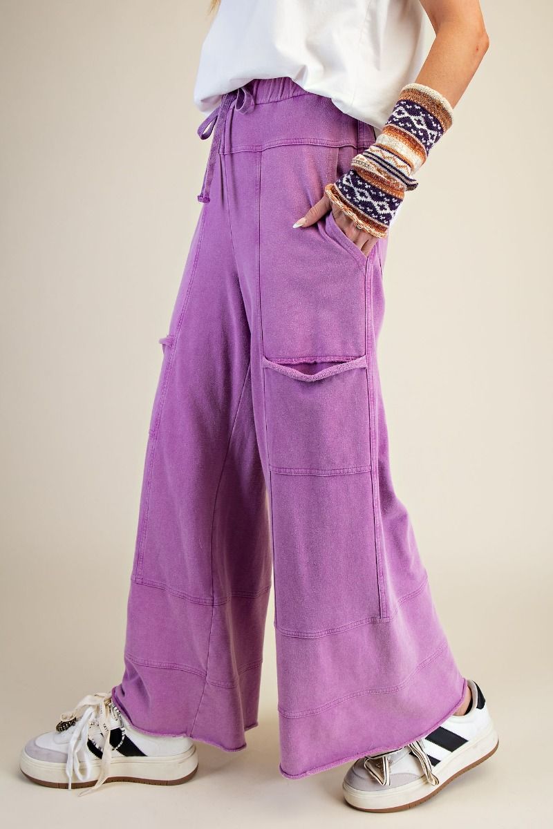 "Elora" French Terry Cargo Wide Leg Pants in Orchid