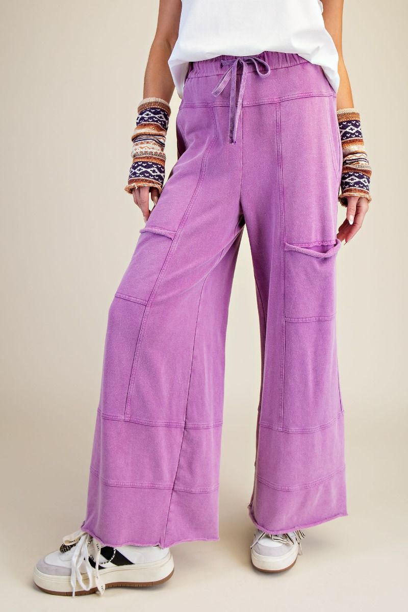 "Elora" French Terry Cargo Wide Leg Pants in Orchid