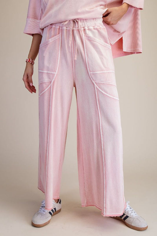 "Margot" Wide Leg French Terry Pants in Washed Blush Pink