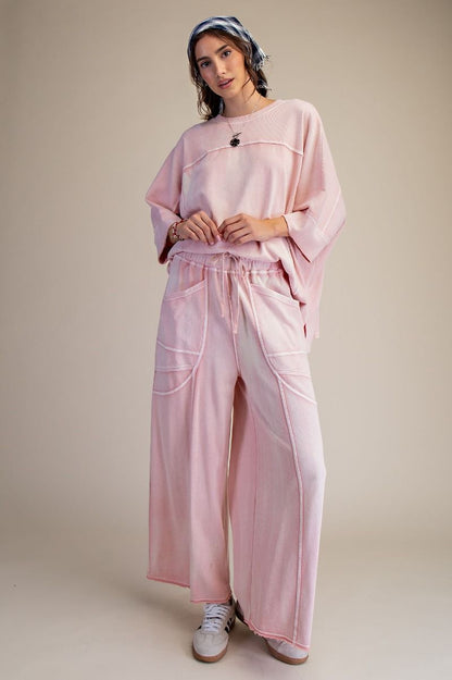 "Margot" Wide Leg French Terry Pants in Washed Blush Pink