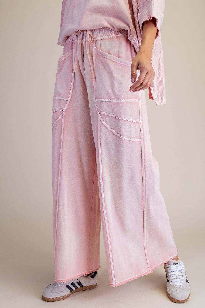 "Margot" Wide Leg French Terry Pants in Washed Blush Pink