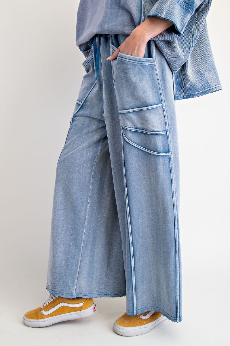 "Margot" Wide Leg French Terry Pants in Washed Denim Blue