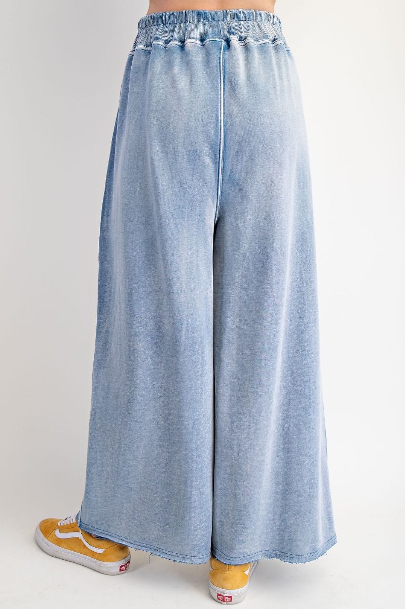"Margot" Wide Leg French Terry Pants in Washed Denim Blue