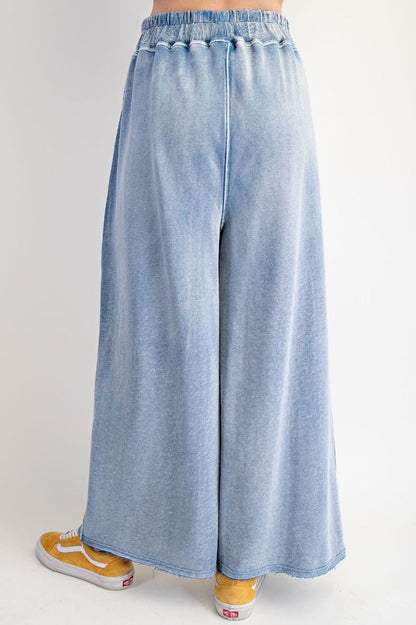 "Margot" Wide Leg French Terry Pants in Washed Denim Blue