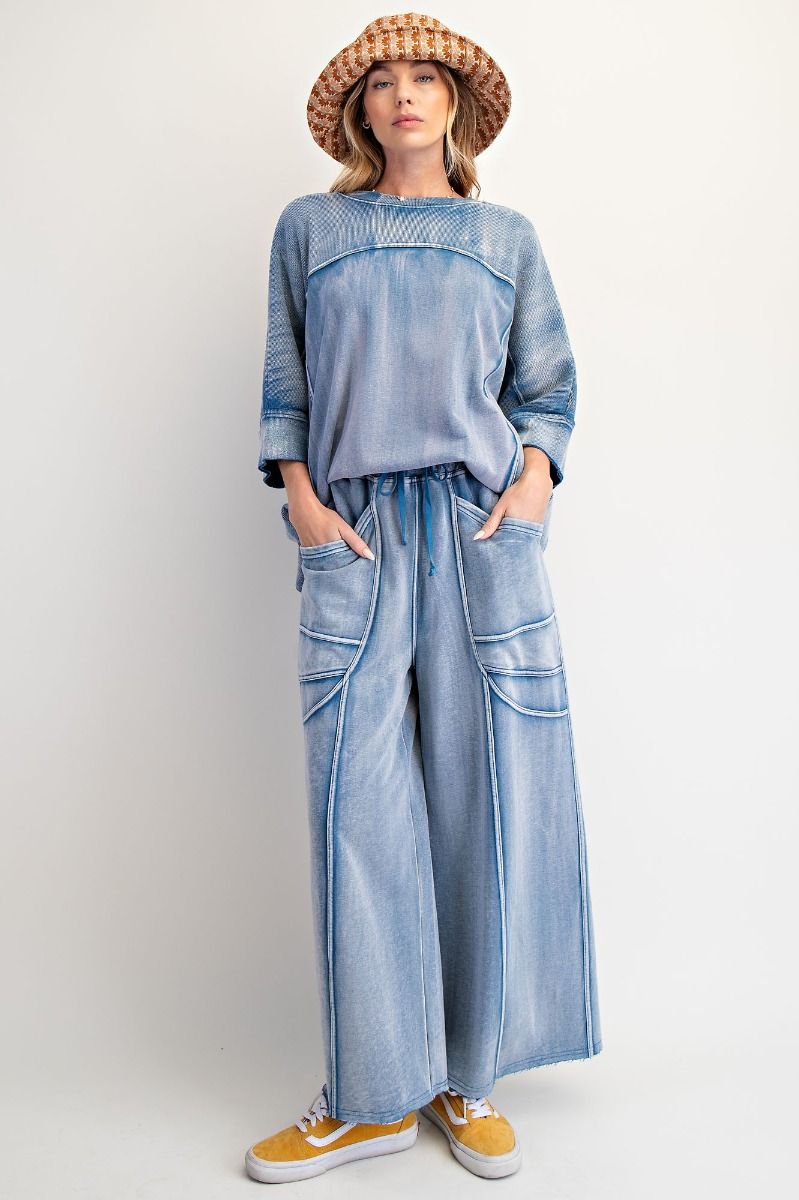 "Margot" Wide Leg French Terry Pants in Washed Denim Blue