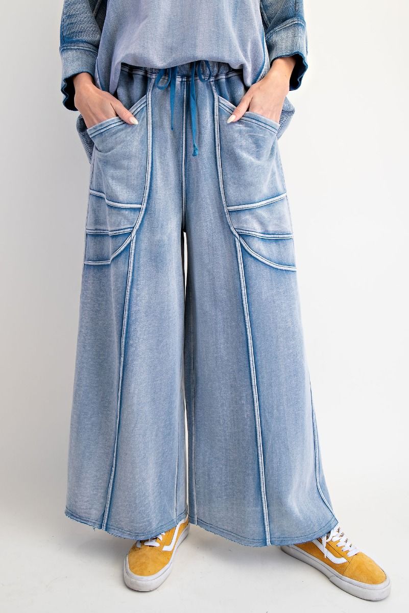 "Margot" Wide Leg French Terry Pants in Washed Denim Blue