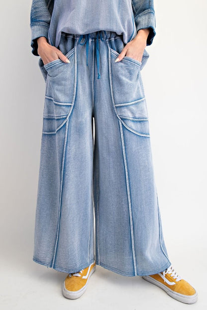 "Margot" Wide Leg French Terry Pants in Washed Denim Blue